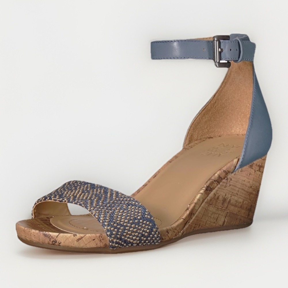Naturalizer Cami Cork Wedge Blue Leather Ankle Strap Sandals US Size‎ 9.5M